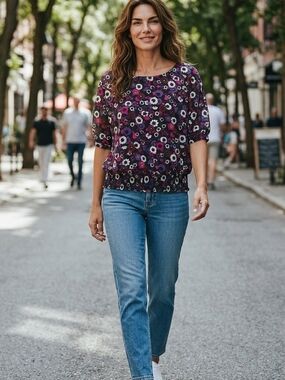 Michael Kors Purple Floral Puff-Sleeve Blouse SZ XL